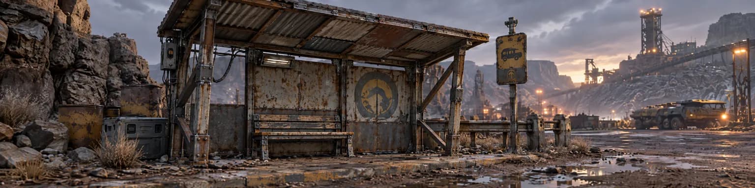 Roadside crew shelter at dusk, its canopy whole and squared on welded bracing with the bench remounted along the back wall, mine workings lit beyond